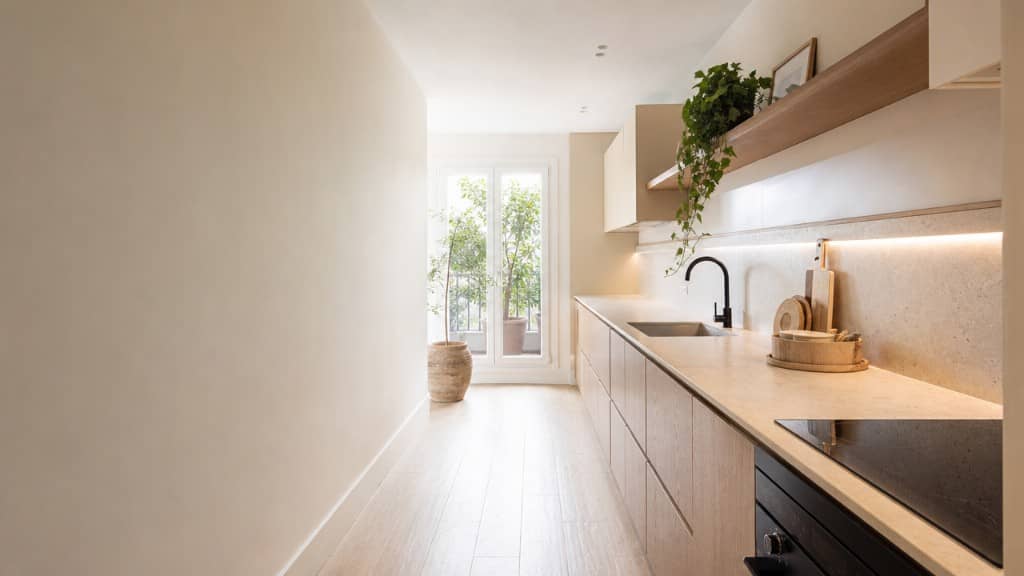 Cocina lineal de piso reformada con salida a balcón y luz natural
