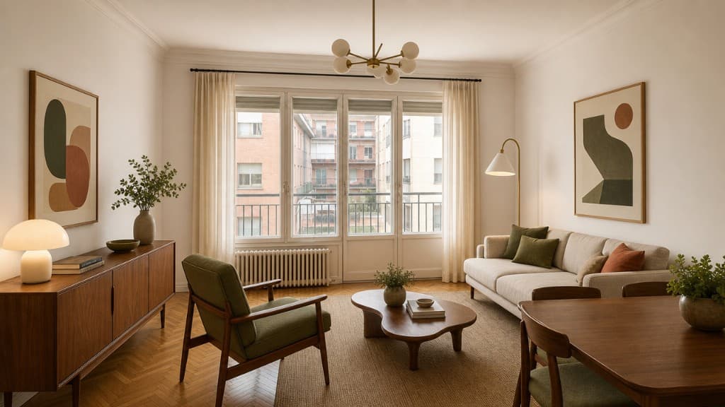 Salón-comedor de piso reformado con luz y acabados contemporáneos