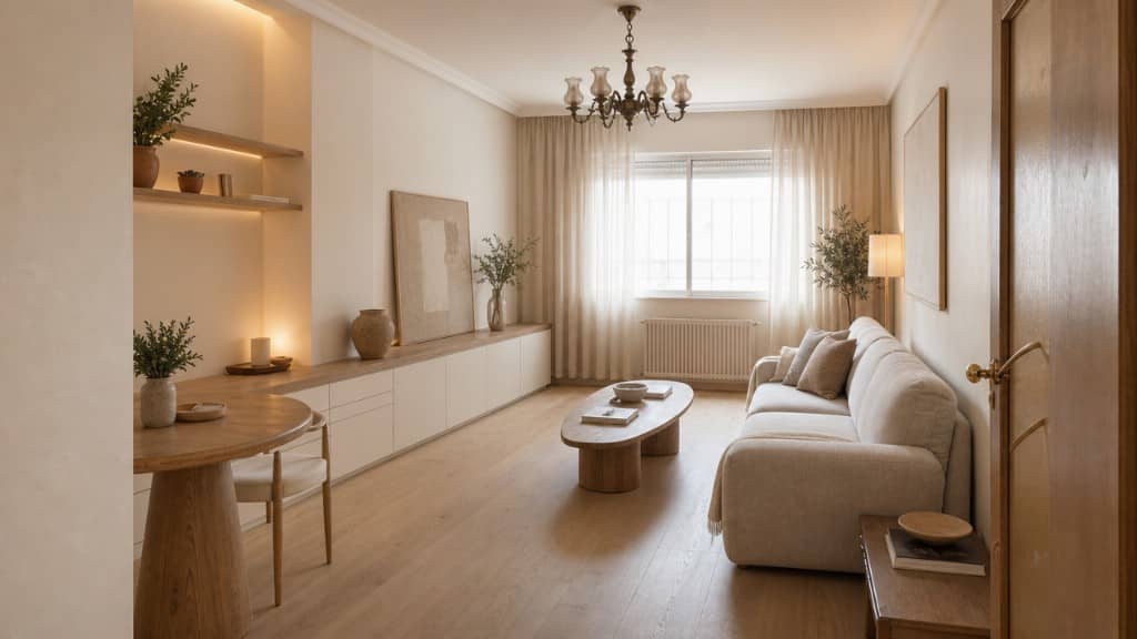 Salón de piso reformado con acabados claros, carpintería y luz natural