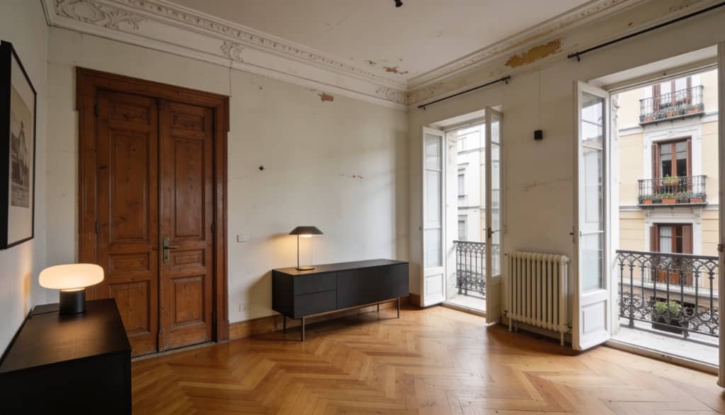 Piso antiguo madrileño con techos altos, molduras y suelo en espiga