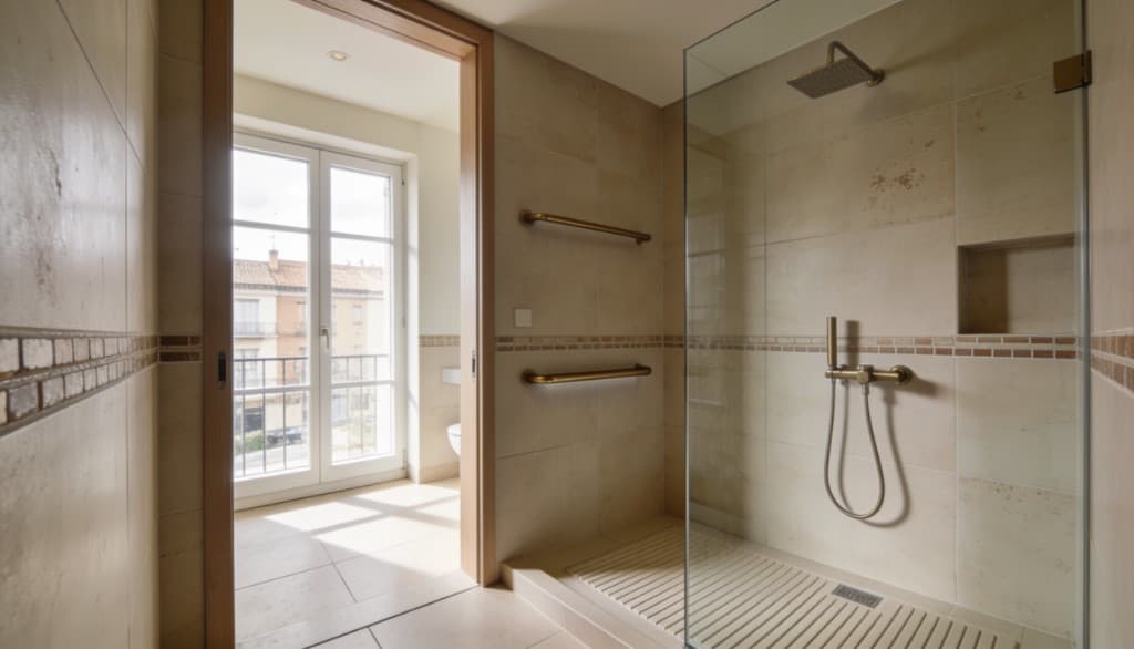 Baño reformado con ducha de obra, mampara de cristal y grifería dorada