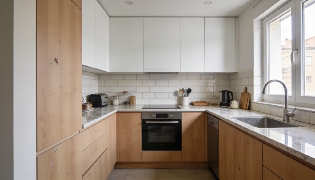 Reforma de cocina moderna en piso de Madrid con madera y encimera de piedra