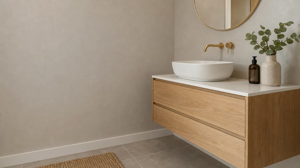 Detalle de lavabo suspendido con mueble de madera y grifería dorada
