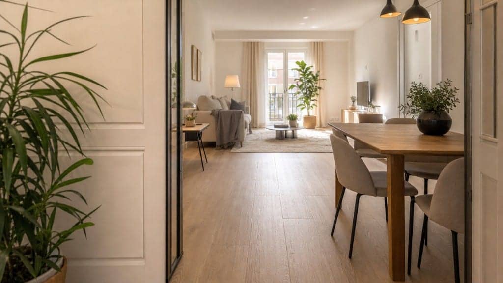 Salón-comedor con suelo efecto madera continuo tras reforma
